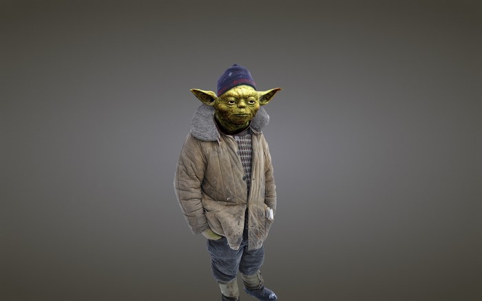Yoda from Star Wars in winter clothing