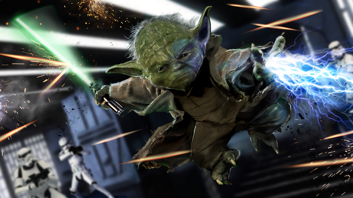 Yoda from Star Wars fighting Stormtroopers
