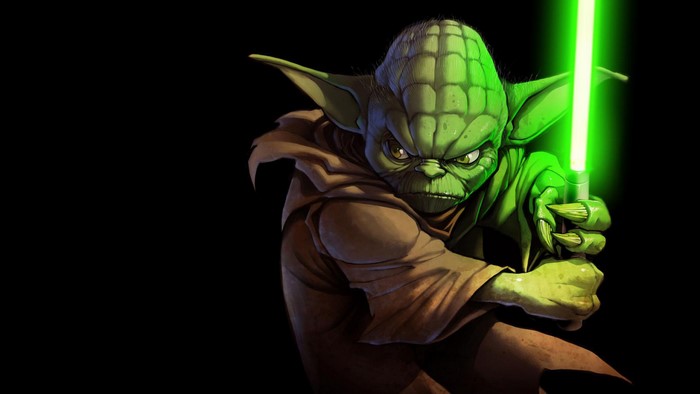 Yoda from Star Wars with a green lightsaber