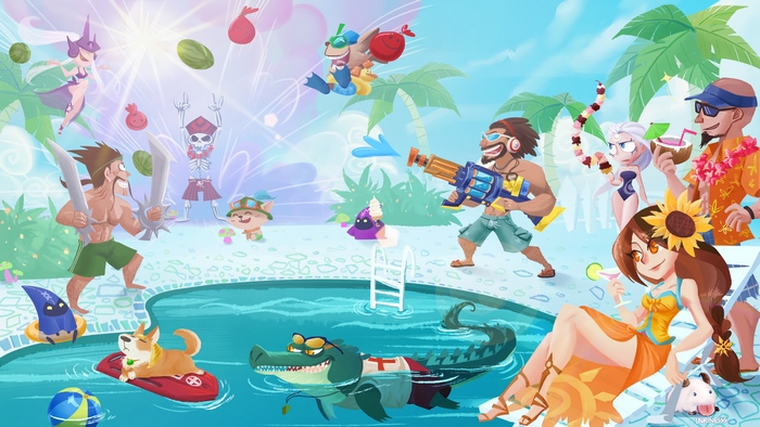 League of Legends characters at a summer pool party