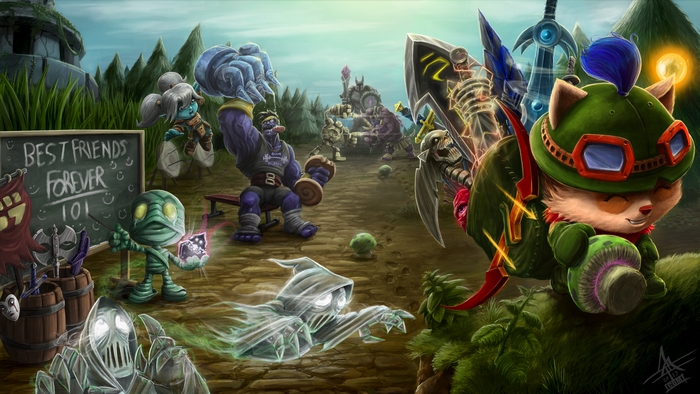 League of Legends characters in a forest setting