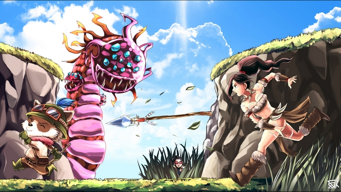 Teemo and allies fight a monster in League of Legends