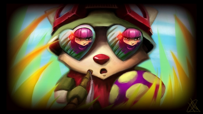 Teemo from League of Legends with heart-shaped reflections