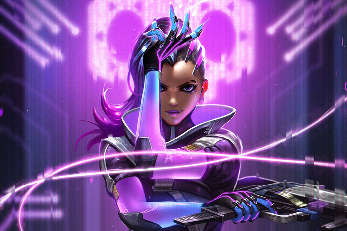 Sombra from Overwatch with purple digital background