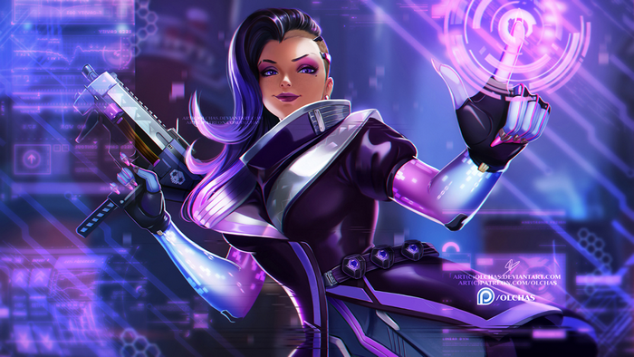 Sombra from Overwatch interacting with a holographic interface