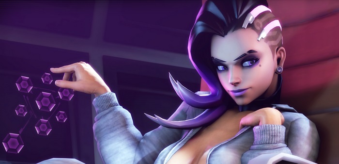Sombra from Overwatch holding purple gems