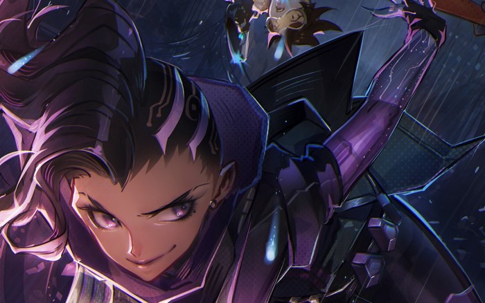 Sombra from Overwatch in a close-up shot