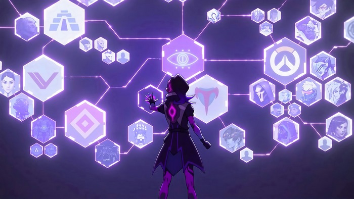 Sombra from Overwatch interacting with a digital network