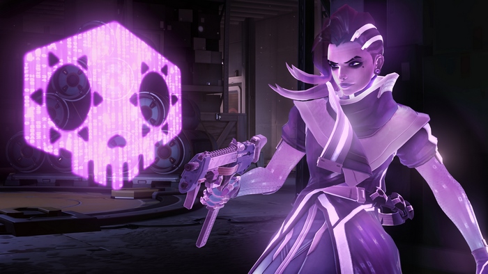 Sombra from Overwatch with a skull hologram