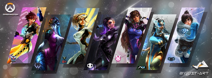 Overwatch characters: Tracer, Widowmaker, Mercy, Sombra, D.Va, Mei, and Pharah