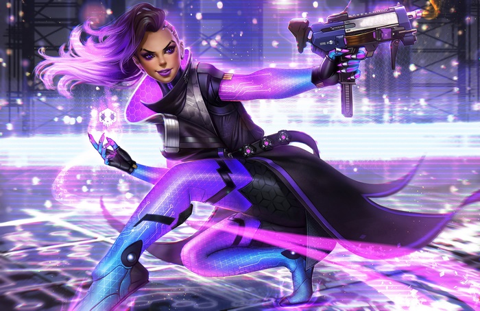 Sombra from Overwatch holding a gun
