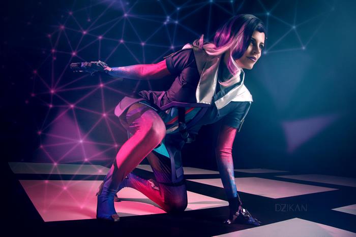 Sombra from Overwatch cosplay in neon lighting