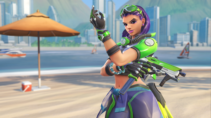 Sombra from Overwatch on a beach