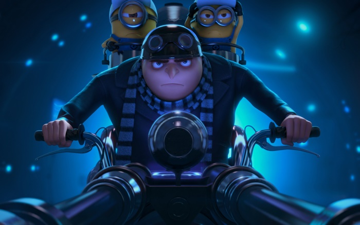 Gru and Minions from Despicable Me riding a motorcycle