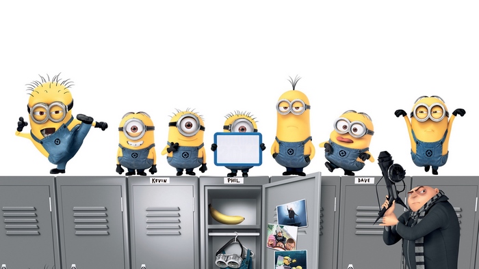 Minions and Gru in front of lockers