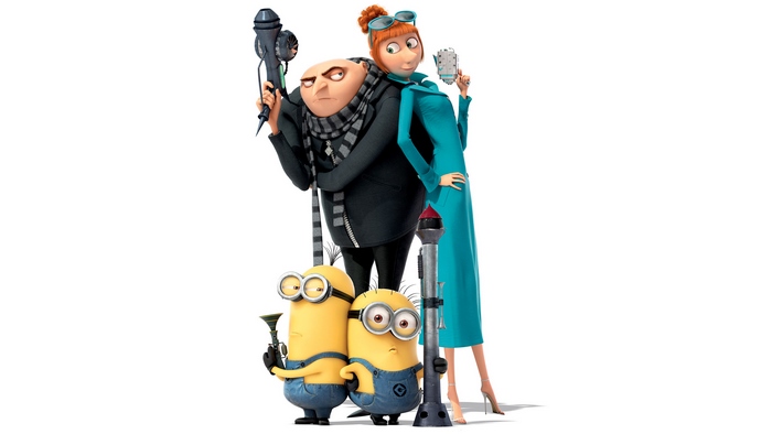 Gru and Lucy Wilde with Minions from Despicable Me