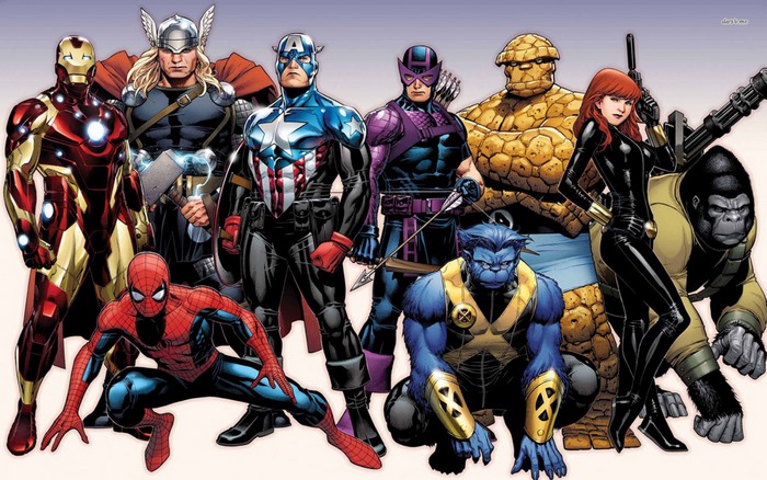 Avengers and X-Men characters including Iron Man, Thor, Captain America, Spider-Man, Hawkeye, Black Widow, Beast, The Thing, and Gorilla Grodd