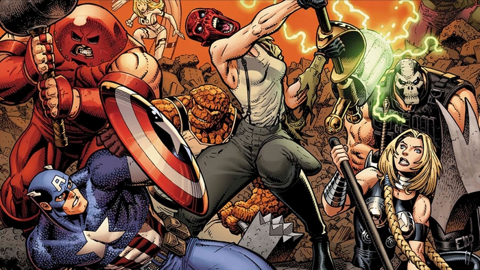 Captain America, Thing, Juggernaut, and other Marvel characters in battle