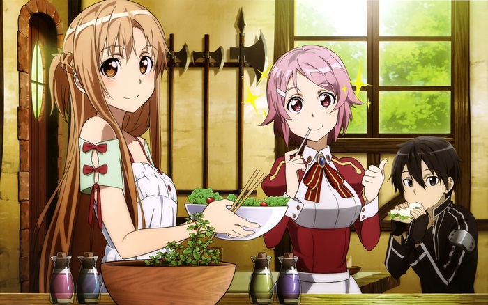 Asuna, Lisbeth, and Kirito from Sword Art Online