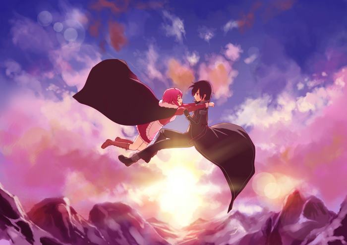 Lisbeth and Kirito from Sword Art Online flying