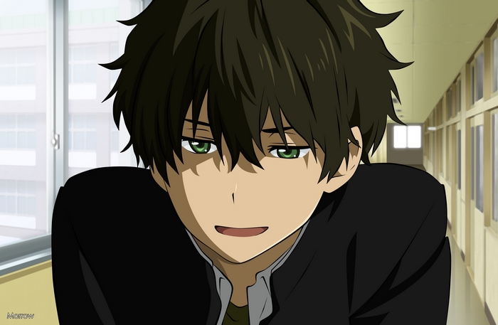 Smiling Hōtarō Oreki in School Corridor