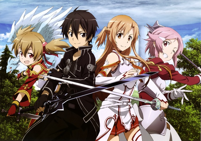 Kirito, Asuna, Lisbeth, and Yui from Sword Art Online