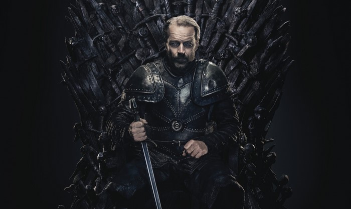 Jorah Mormont from Game of Thrones on the Iron Throne