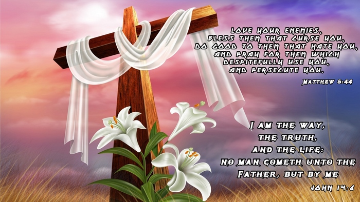 Christian Cross with Lilies and Bible Verses