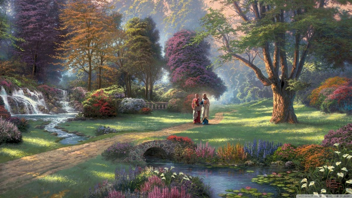 Jesus walking with a companion in a garden