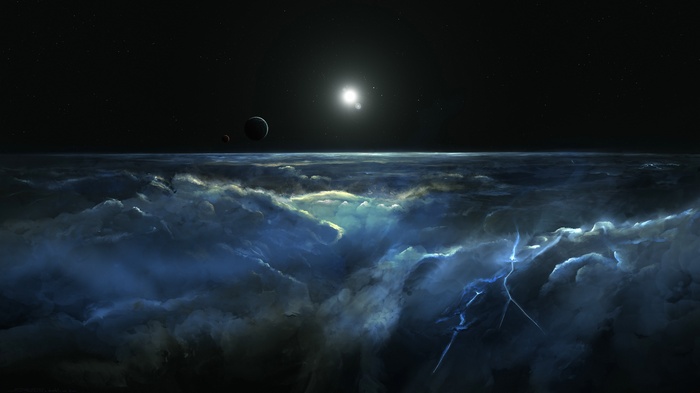 Planetary landscape with clouds and celestial bodies