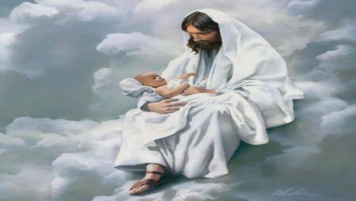 Jesus holding a baby in the clouds