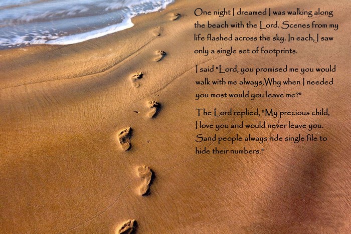 Footprints on a beach with a poem about Jesus