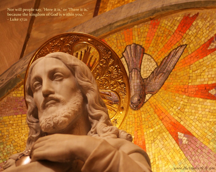 Jesus statue with dove mosaic