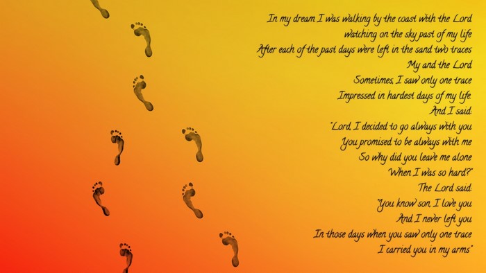 Footprints on a beach with a poem about Jesus