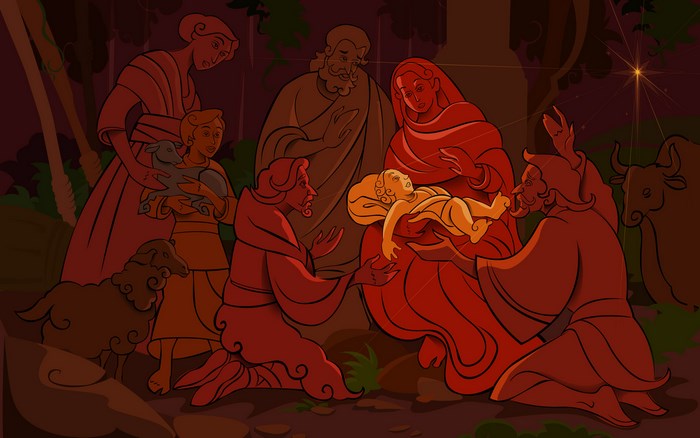 Nativity Scene with Jesus, Mary, Joseph, and Shepherds