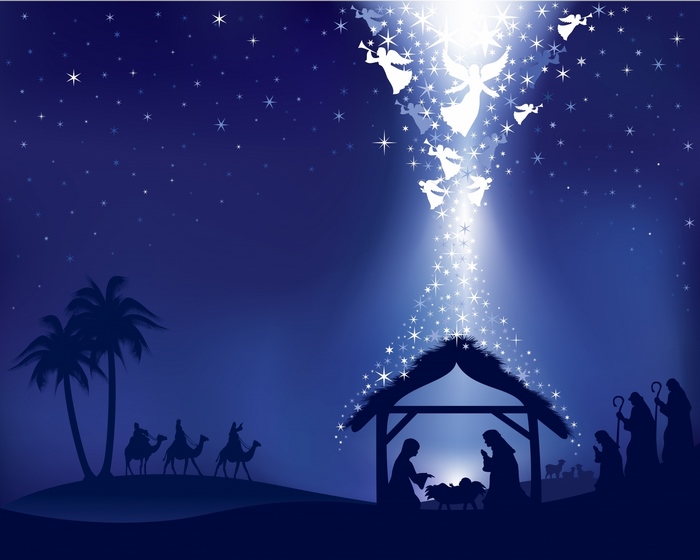 Nativity scene with angels and wise men