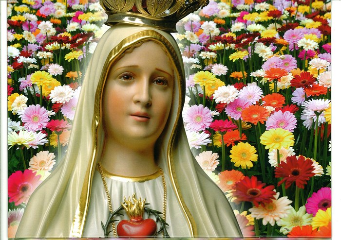 Statue of Mary with Sacred Heart and Flowers