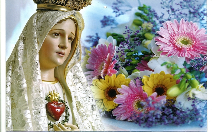 Statue of Mary with Sacred Heart and Flowers