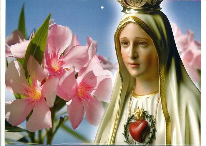 Statue of Mary with Sacred Heart and pink flowers