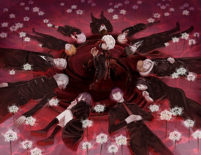 Juuzou Suzuya and others lying on red ground with white flowers