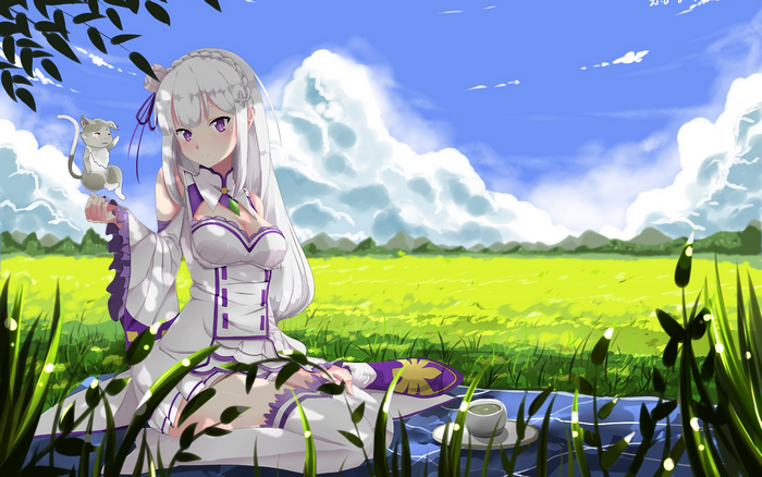 Emilia and Puck from Re:ZERO in a field
