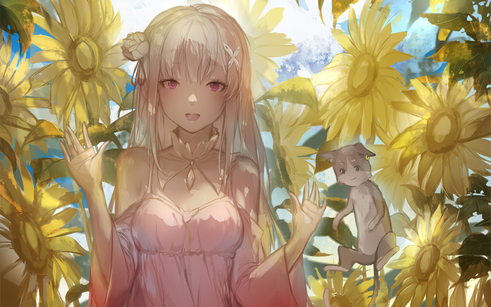 Emilia from Re:ZERO with a dog among sunflowers