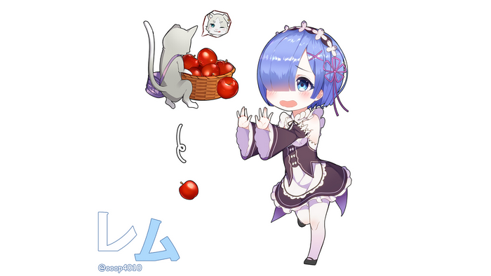 Rem from Re:ZERO and a cat with apples