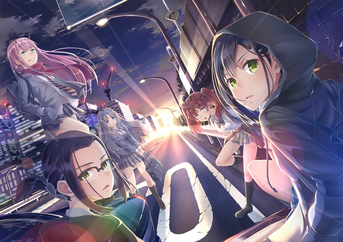 Girls from Darling in the FranXX in a city at dusk