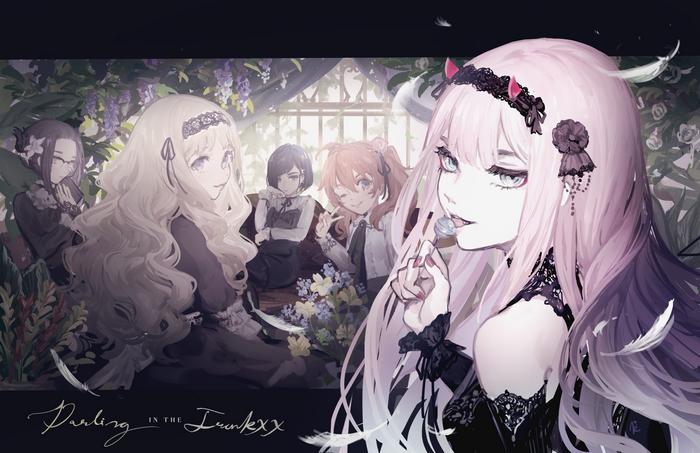 Zero Two and friends in a garden