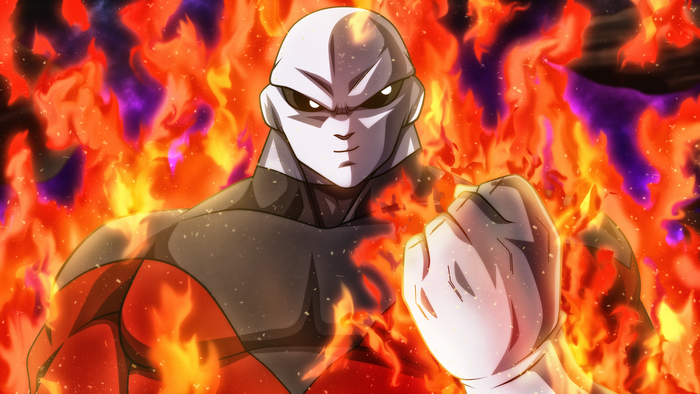 Jiren from Dragon Ball surrounded by flames