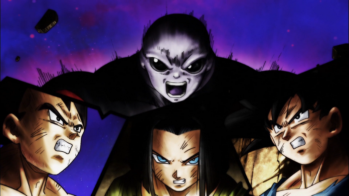 Jiren, Goku, Vegeta, and Android 17 from Dragon Ball Super