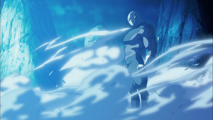 Jiren from Dragon Ball in a blue, icy environment