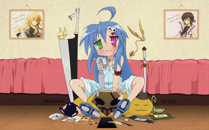 Konata Izumi with swords and anime posters