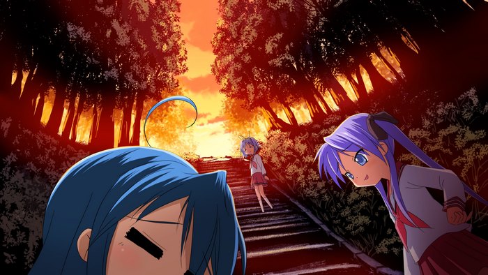 Konata Izumi and friends on stairs at sunset
